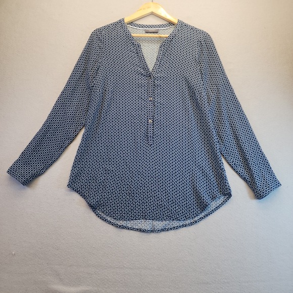 Yessica Tops - Yessica C&A Navy Geometric Print Roll Tab Sleeve Viscose Blouse Top Womens 38/40